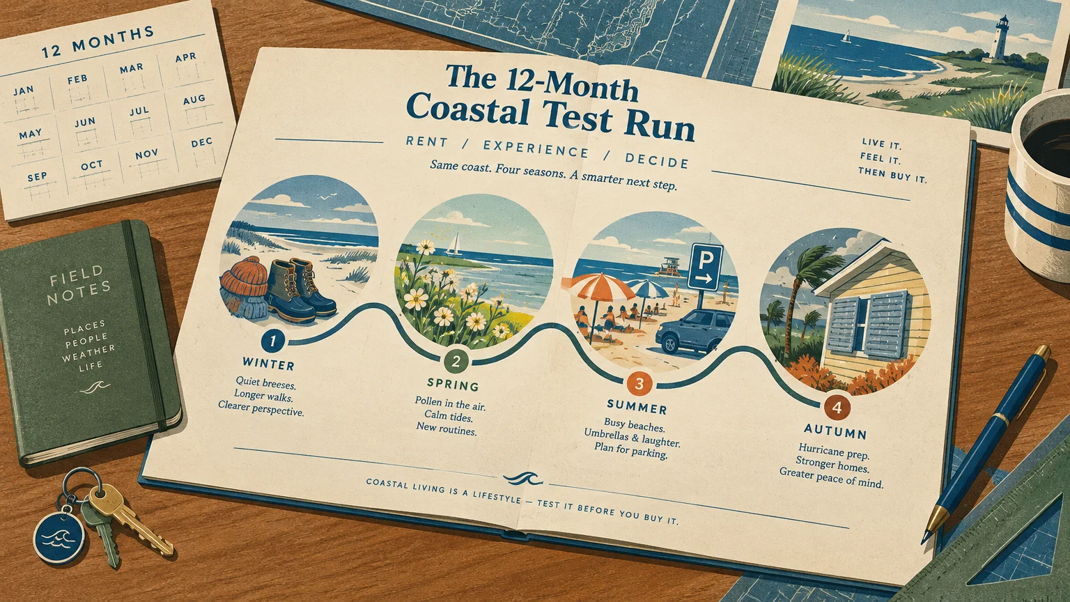 Illustrated open booklet titled The 12-Month Coastal Test Run showing round vignettes of coastal life across four seasons.