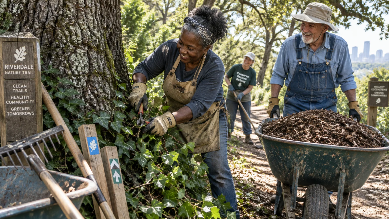 Older volunteers clear invasive ivy from a tree and push a wheelbarrow full of mulch along a woodland trail.