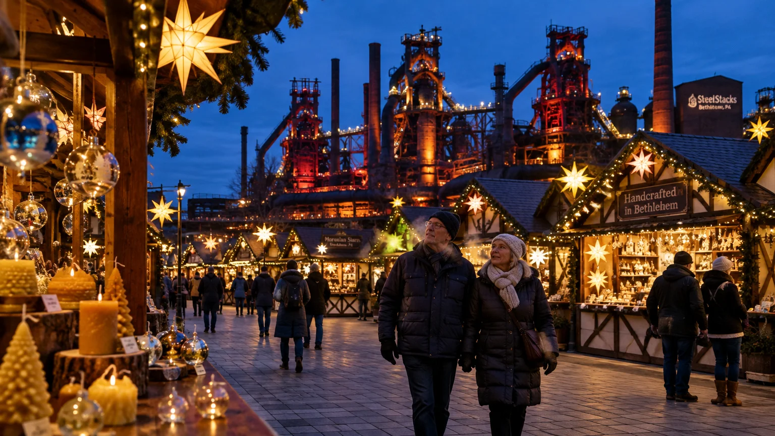 People walk past illuminated market stalls at an evening Christmas market in front of a lit industrial steel plant.