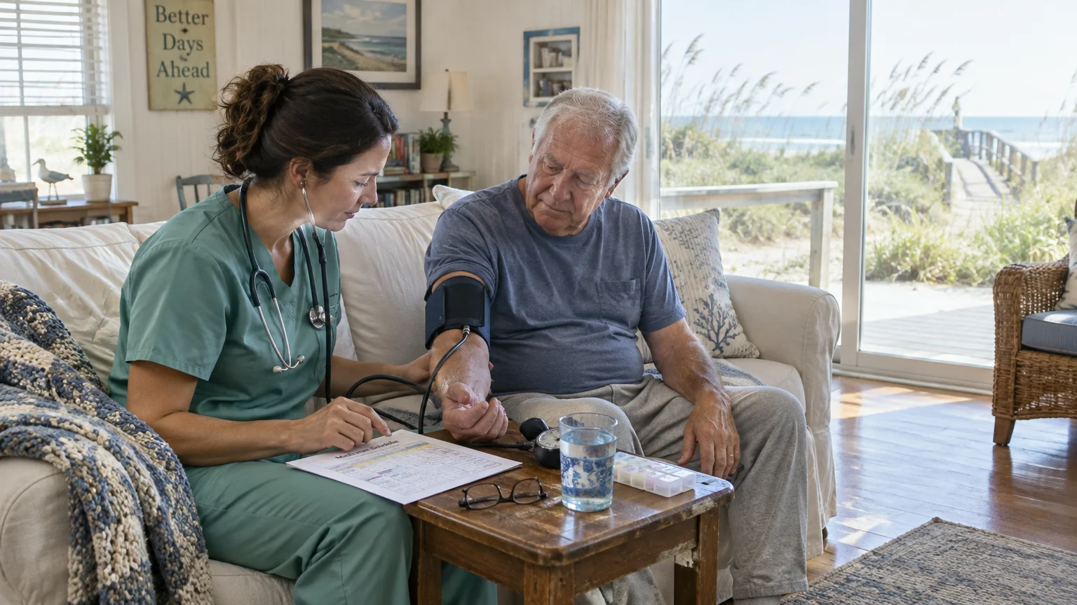 A nurse checks an elderly man's blood pressure on a living room sofa in a beachside home.
