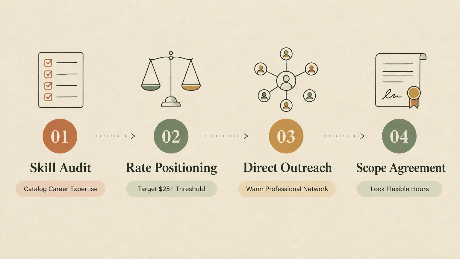 Four-step horizontal diagram outlining skill audit, rate positioning, direct outreach, and scope agreement.