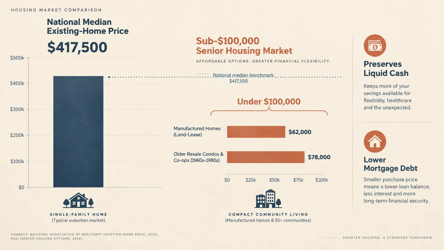Bar chart comparing the $417,500 national median home price against sub-$100,000 manufactured homes and resale condos.