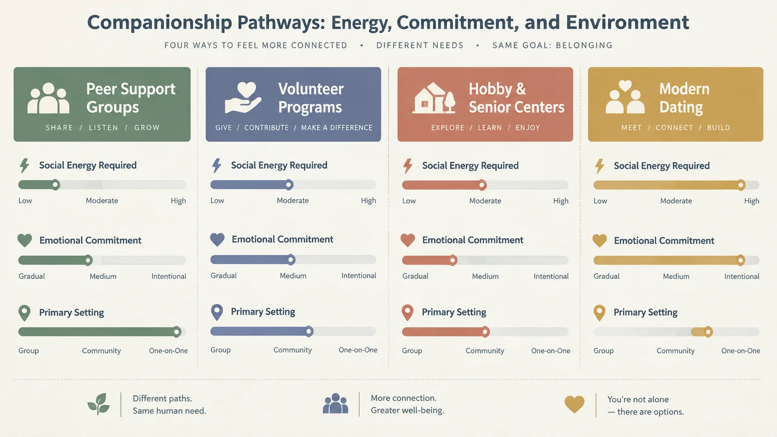 Diagram comparing social energy, emotional commitment, and primary setting across four companionship pathways with slider bars.