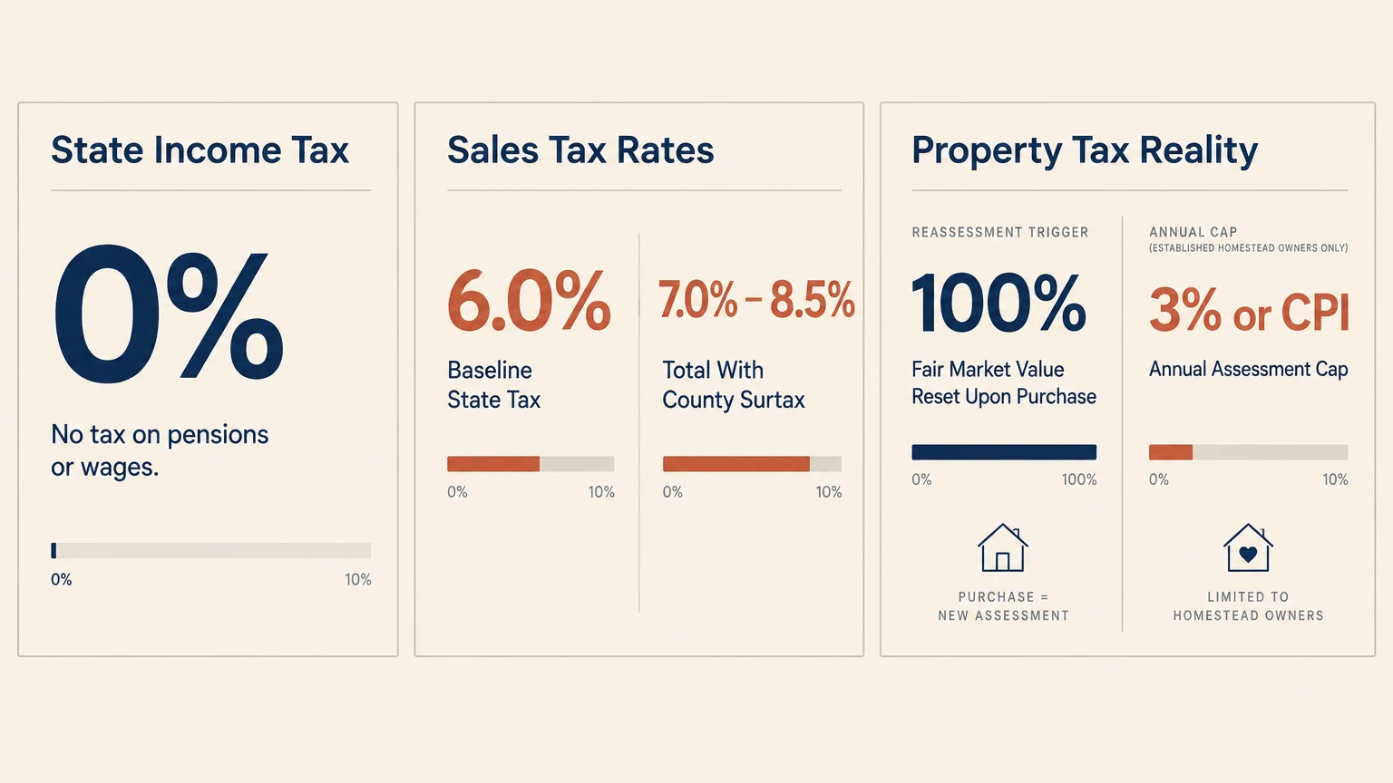 Three-panel diagram comparing Florida's 0% income tax, 6.0% to 8.5% sales tax rates, and property tax reassessment rules.