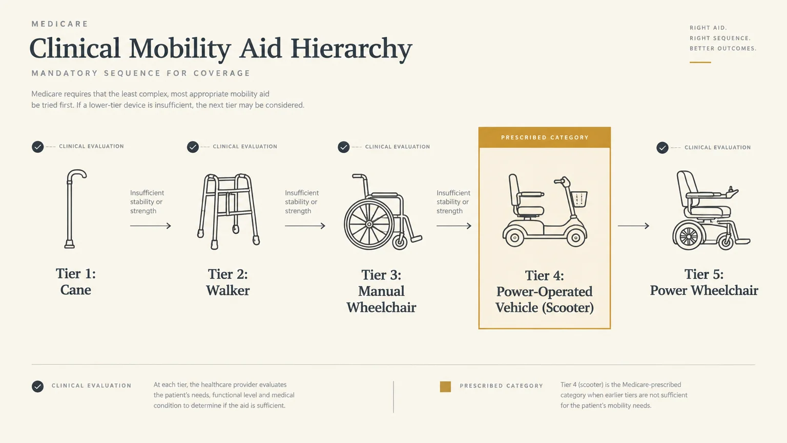 Diagram of Medicare's five mobility tiers progressing from cane and walker to manual wheelchair, scooter, and power wheelchair.