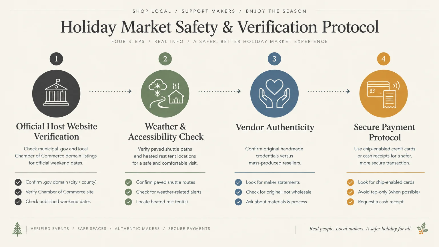 Infographic showing a four-step holiday market safety protocol: host verification, weather check, authenticity, and payment.