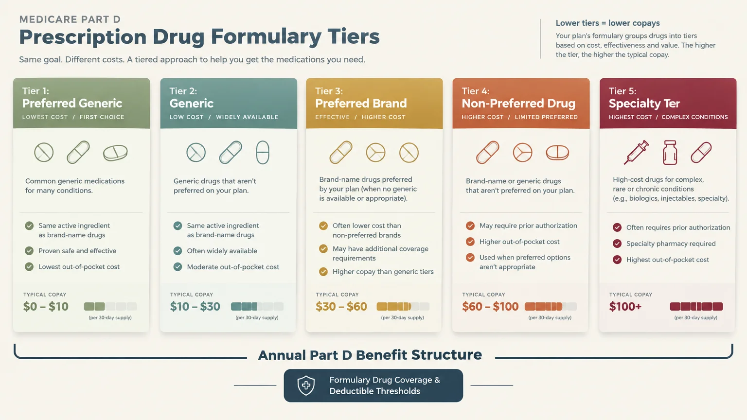 Diagram outlining five Medicare Part D prescription drug tiers from preferred generic to specialty drugs with typical copays.