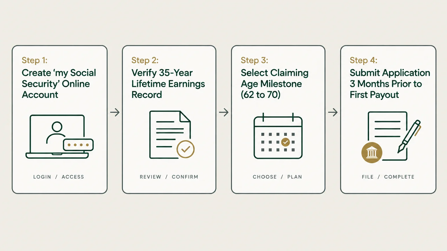 Four-step diagram showing account creation, earnings verification, claiming age selection, and application submission.