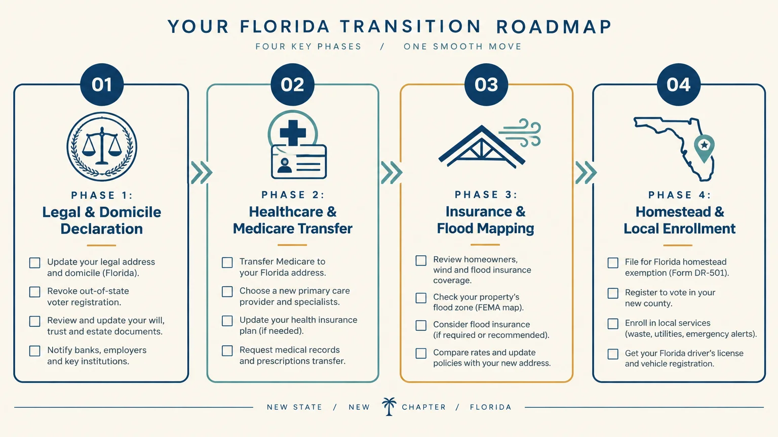 Diagram outlining four sequential phases of a Florida transition roadmap, from legal domicile declaration to local enrollment.