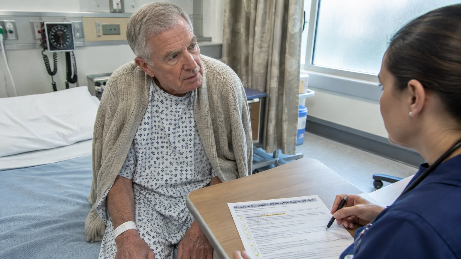 A doctor reviews a Medicare Outpatient Observation Notice form with an elderly man sitting in a hospital gown.