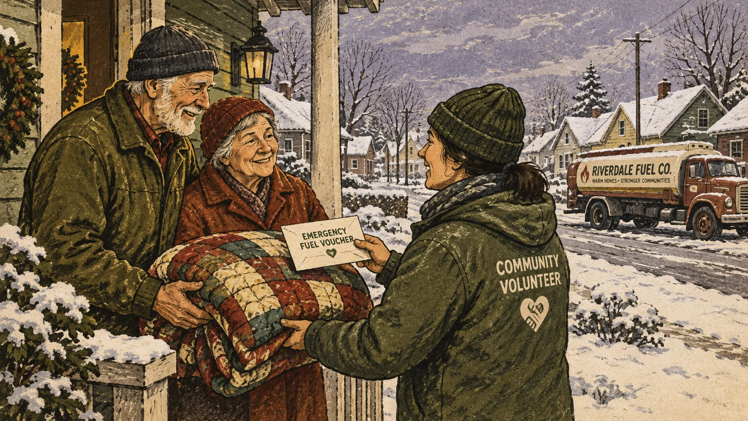 Illustration of a volunteer handing a quilt and an emergency fuel voucher to an elderly couple on a snowy porch.