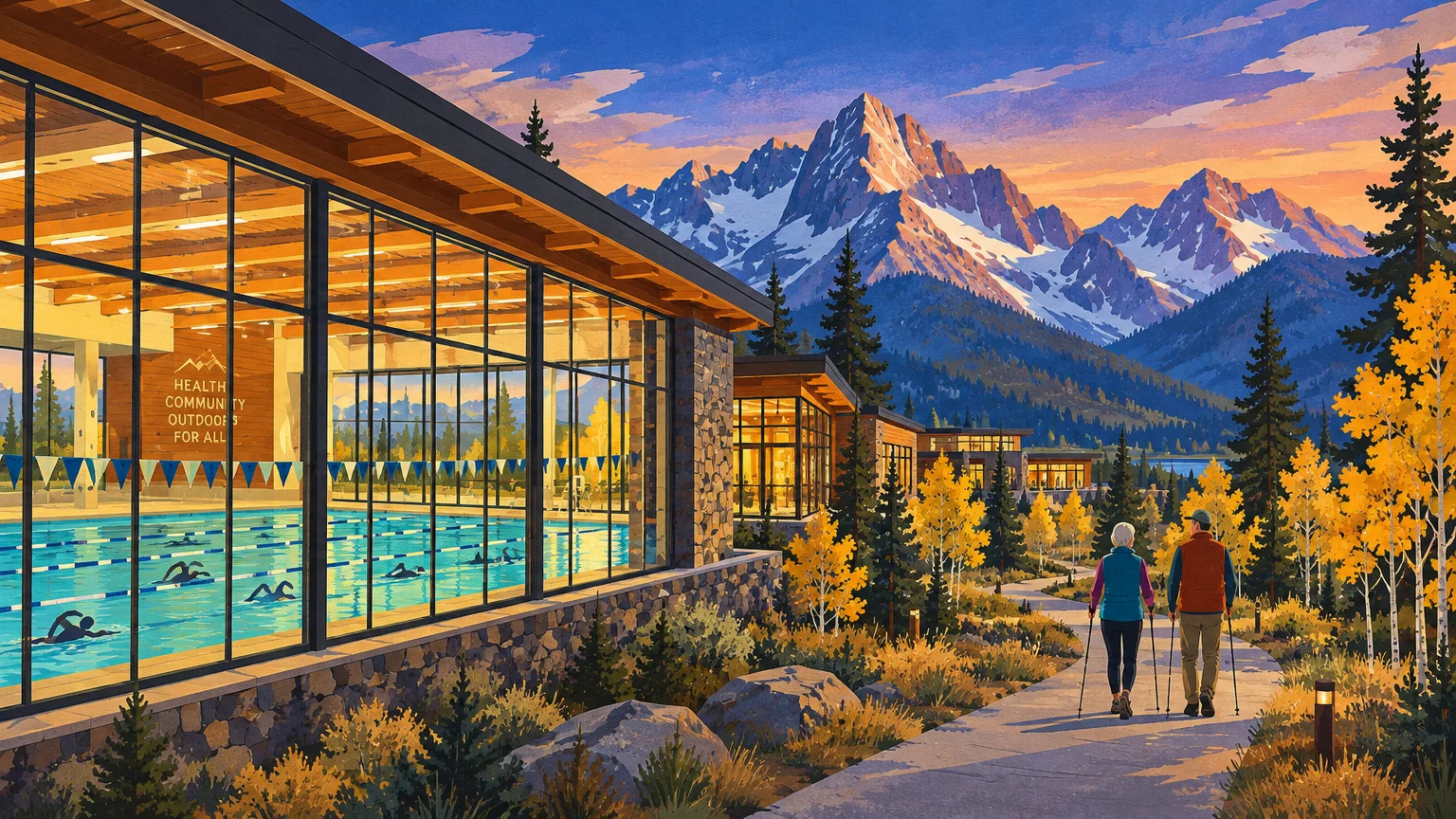 Illustration of an indoor lap pool with large windows next to a trail with hikers against rugged mountain peaks.