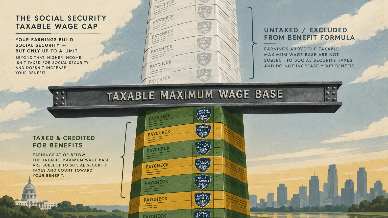 Illustration of a monument-style column divided by a steel beam labeled Taxable Maximum Wage Base into taxed and untaxed zones.