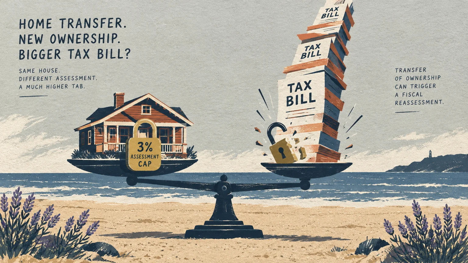 Illustration of a scale weighing a house with a locked cap against an unlocked, soaring stack of tax bills on a beach.