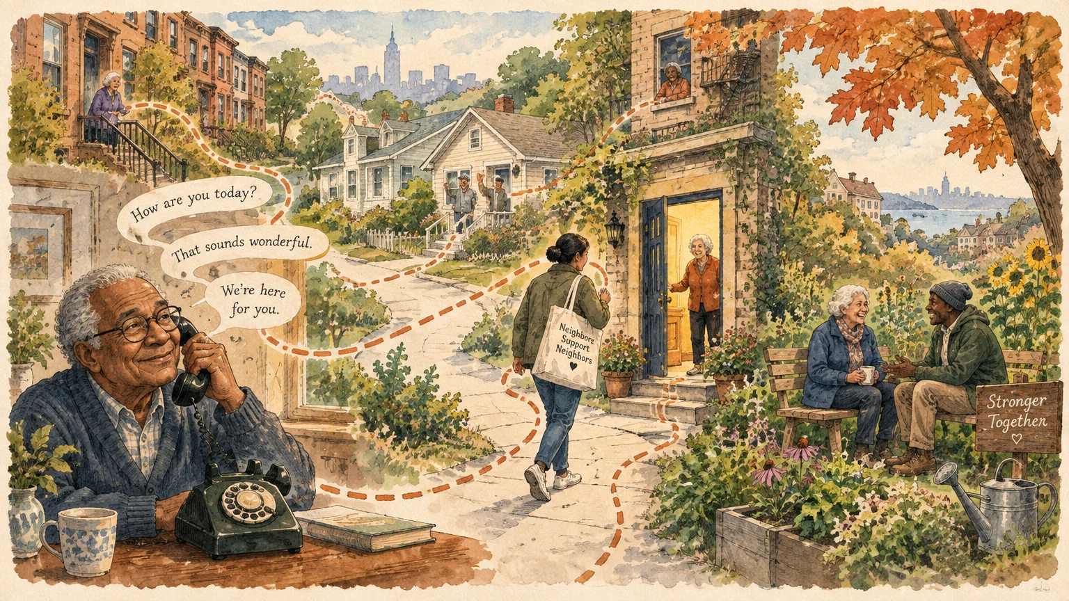 Illustration of seniors connecting across a neighborhood via telephone calls, porch visits, and community garden chats.