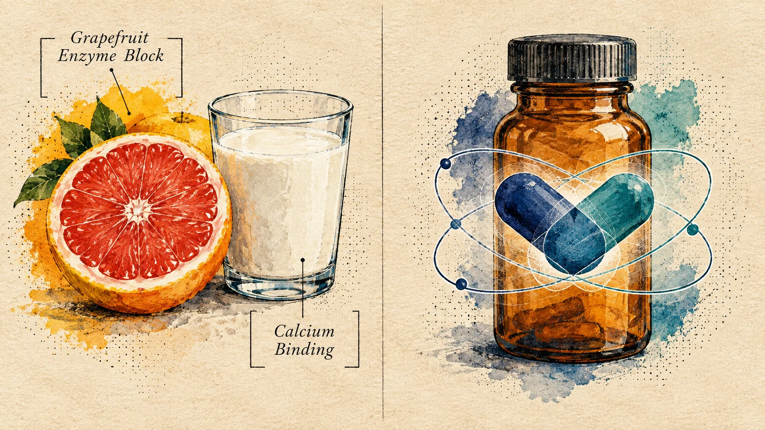 Split illustration showing grapefruit and milk beside an amber pill bottle surrounded by an atomic diagram.