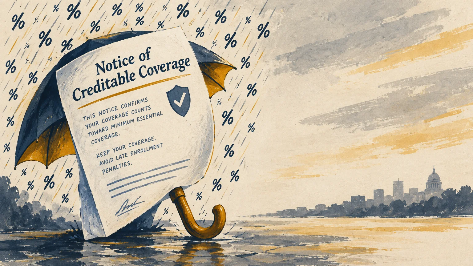 Illustration of a Notice of Creditable Coverage paper shielding against rain made of percentage signs under an umbrella.