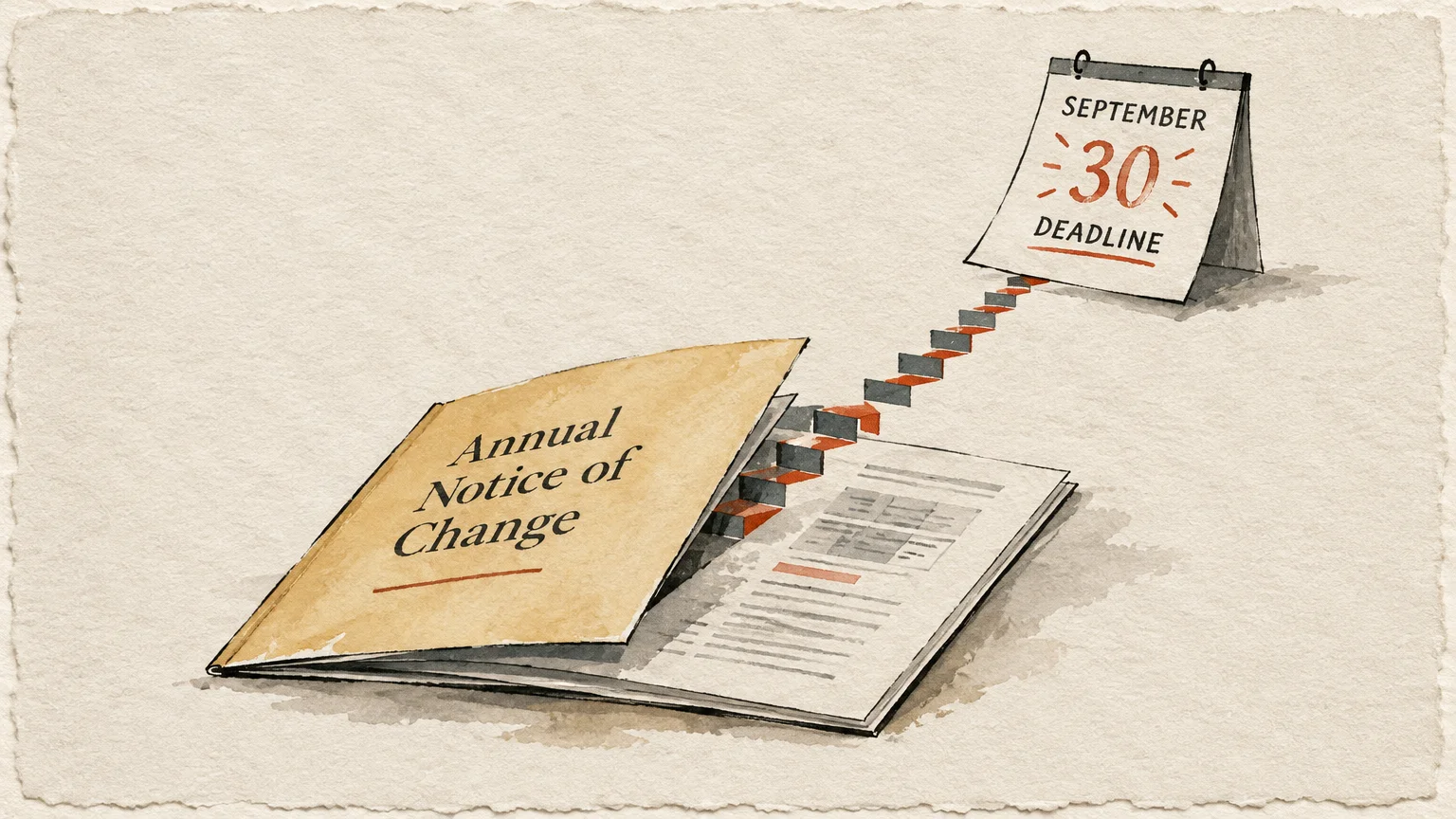Illustration of an Annual Notice of Change booklet with steps leading up to a calendar marked September 30 deadline.