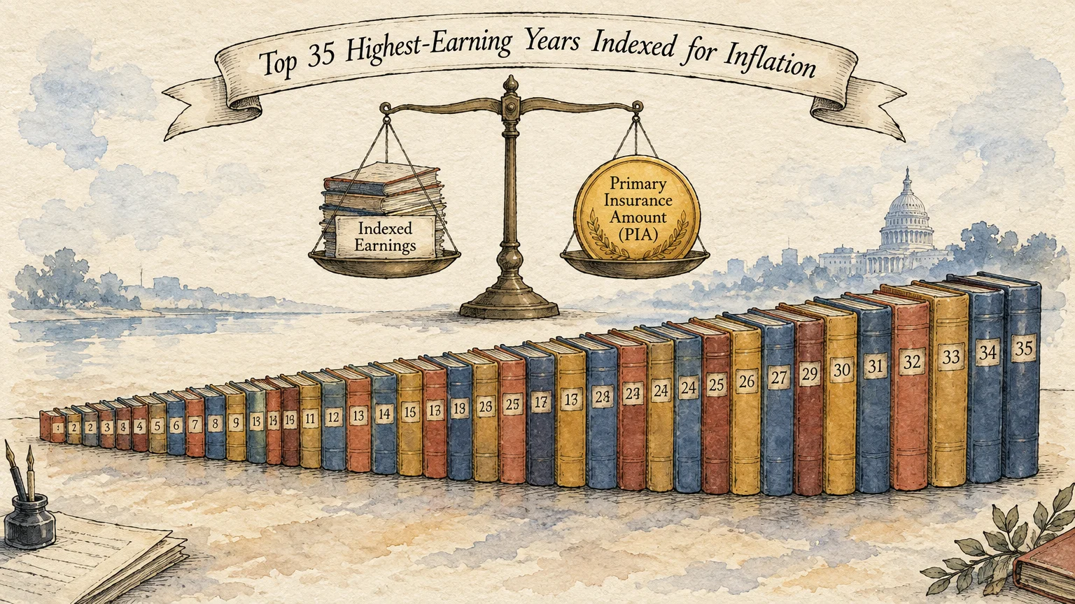 Illustration of a balance scale above a row of 35 numbered books, with a banner reading Top 35 Highest-Earning Years.