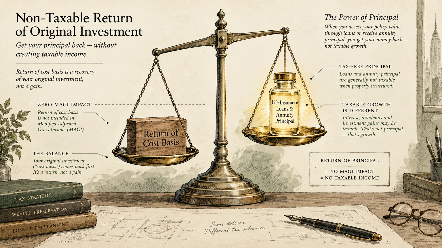 Illustration of a balance scale with a wooden block marked Return of Cost Basis and a glowing bottle on a desk with books.