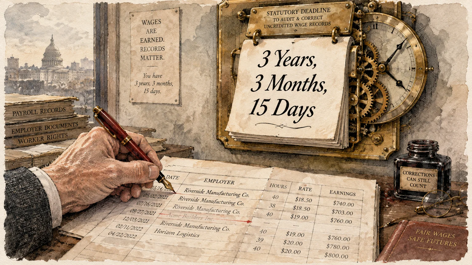 Illustration of a hand reviewing an earnings ledger beside a calendar reading 3 Years, 3 Months, 15 Days.