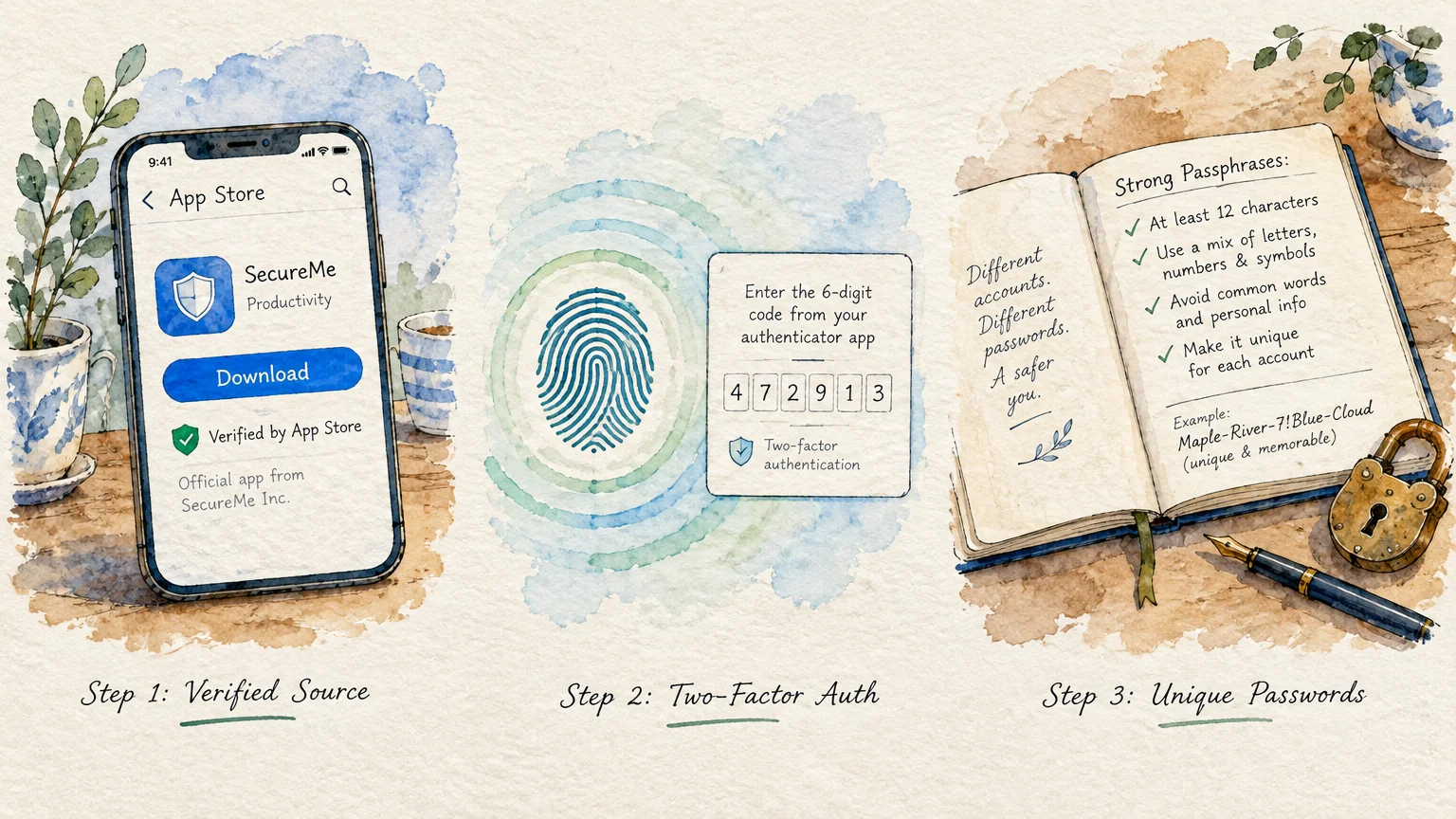Watercolor illustration showing app store verification on a smartphone, two-factor authentication, and password rules in a book.