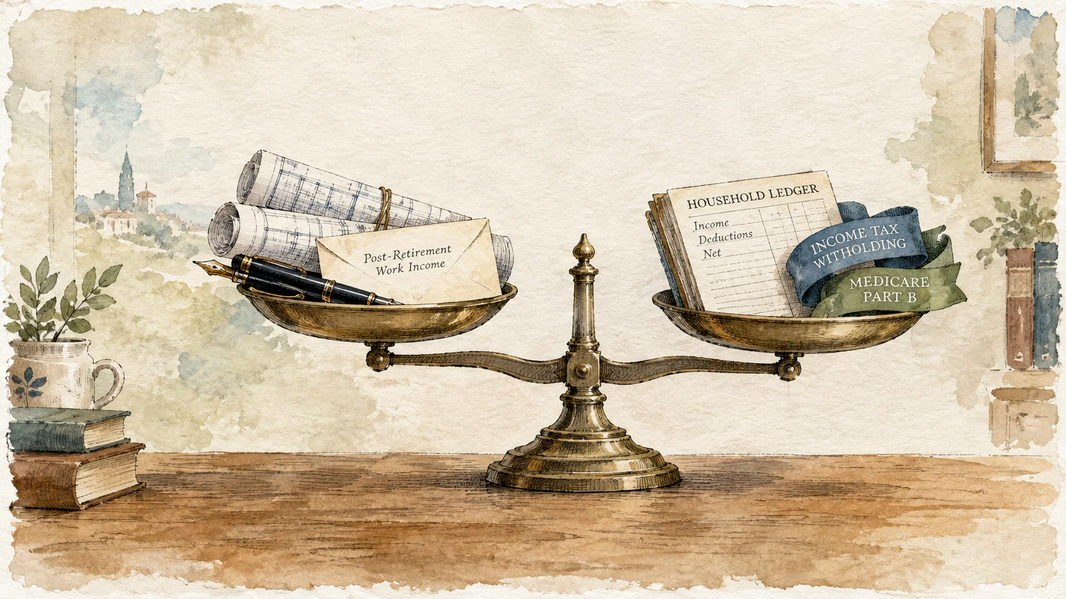 Brass balance scale holding an envelope of work income on one tray and a household ledger with tax ribbons on the other.