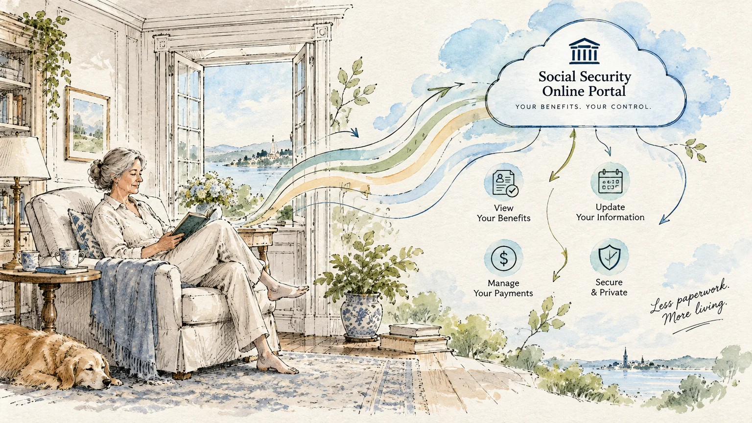 Watercolor illustration of a woman relaxing by a window beside a diagram showing Social Security online portal benefits.