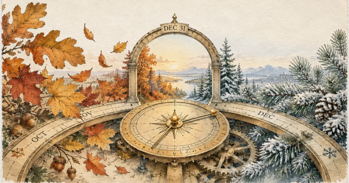 Illustration of a celestial compass with an arch labeled DEC 31 transitioning from autumn leaves to a snowy winter landscape.