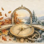 Illustration of a celestial compass with an arch labeled DEC 31 transitioning from autumn leaves to a snowy winter landscape.