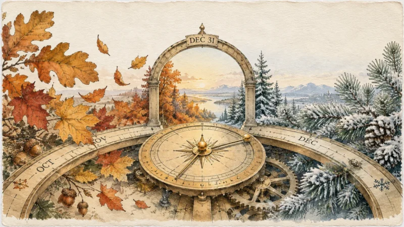 Illustration of a celestial compass with an arch labeled DEC 31 transitioning from autumn leaves to a snowy winter landscape.