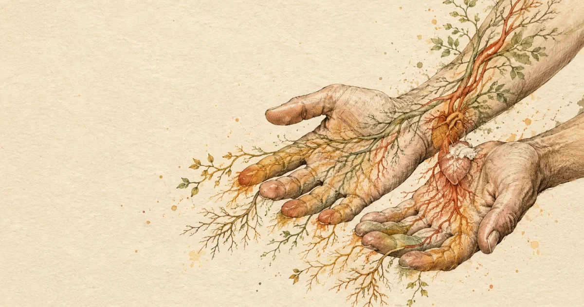 Illustration of open hands with anatomical veins branching into tree roots, leaves, and miniature hearts.