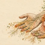 Illustration of open hands with anatomical veins branching into tree roots, leaves, and miniature hearts.
