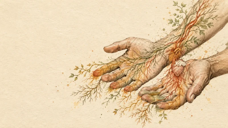 Illustration of open hands with anatomical veins branching into tree roots, leaves, and miniature hearts.