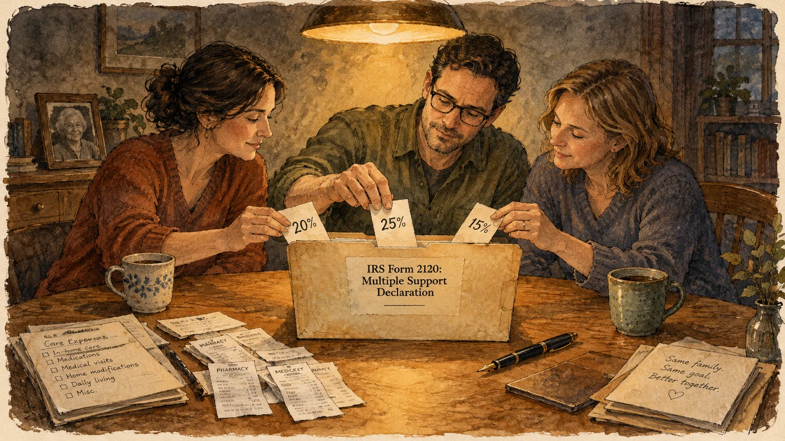 Illustration of three adult siblings placing percentage slips into an IRS Form 2120 box on a table of bills.