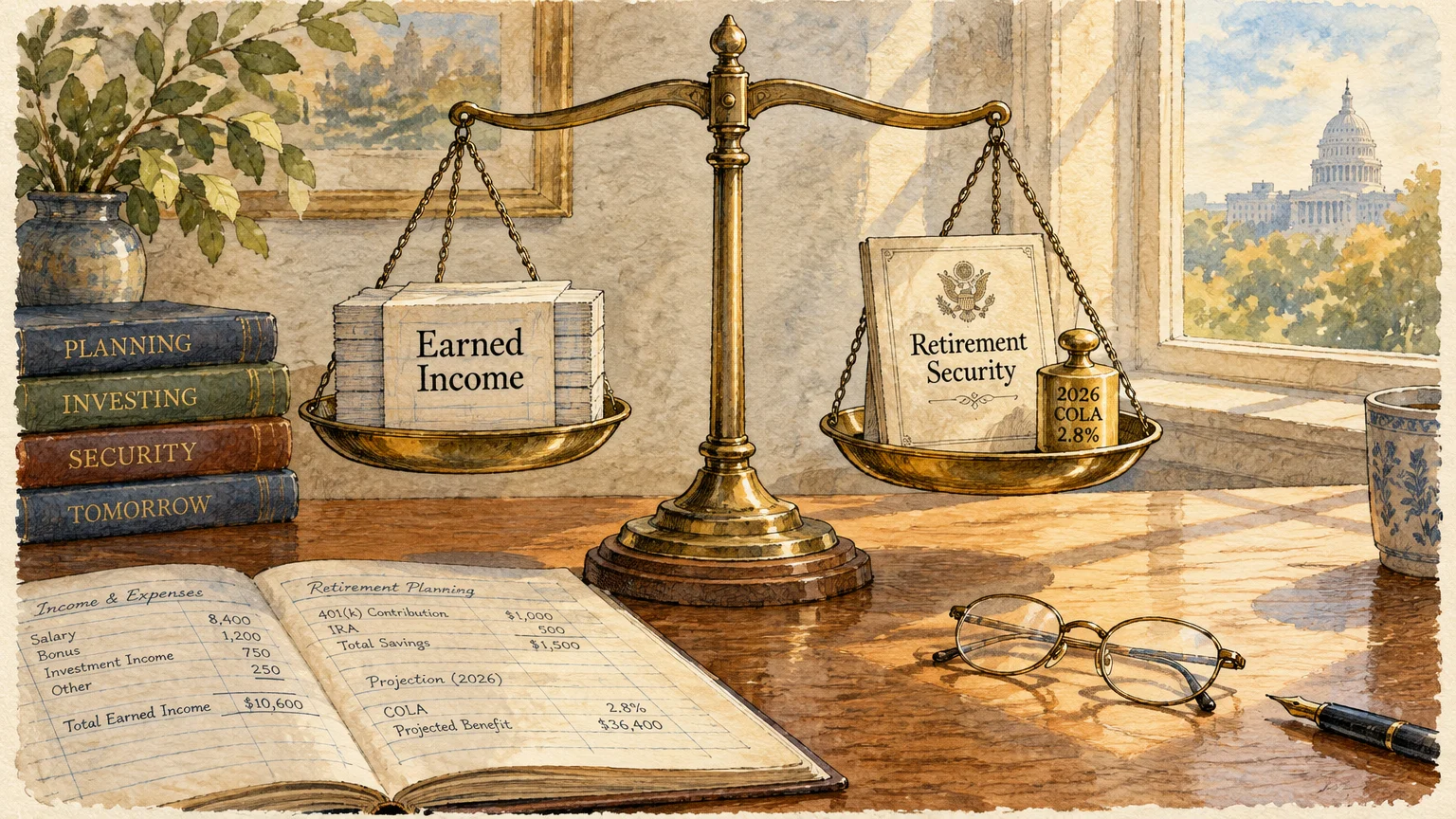 Illustration of a brass balance scale weighing Earned Income against Retirement Security beside a planning ledger on a desk.