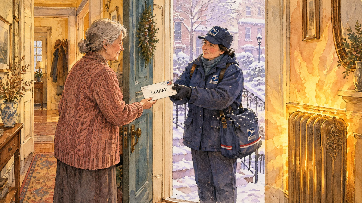 A postal worker hands an envelope labeled LIHEAP to an elderly woman standing in the open doorway of a warm home.
