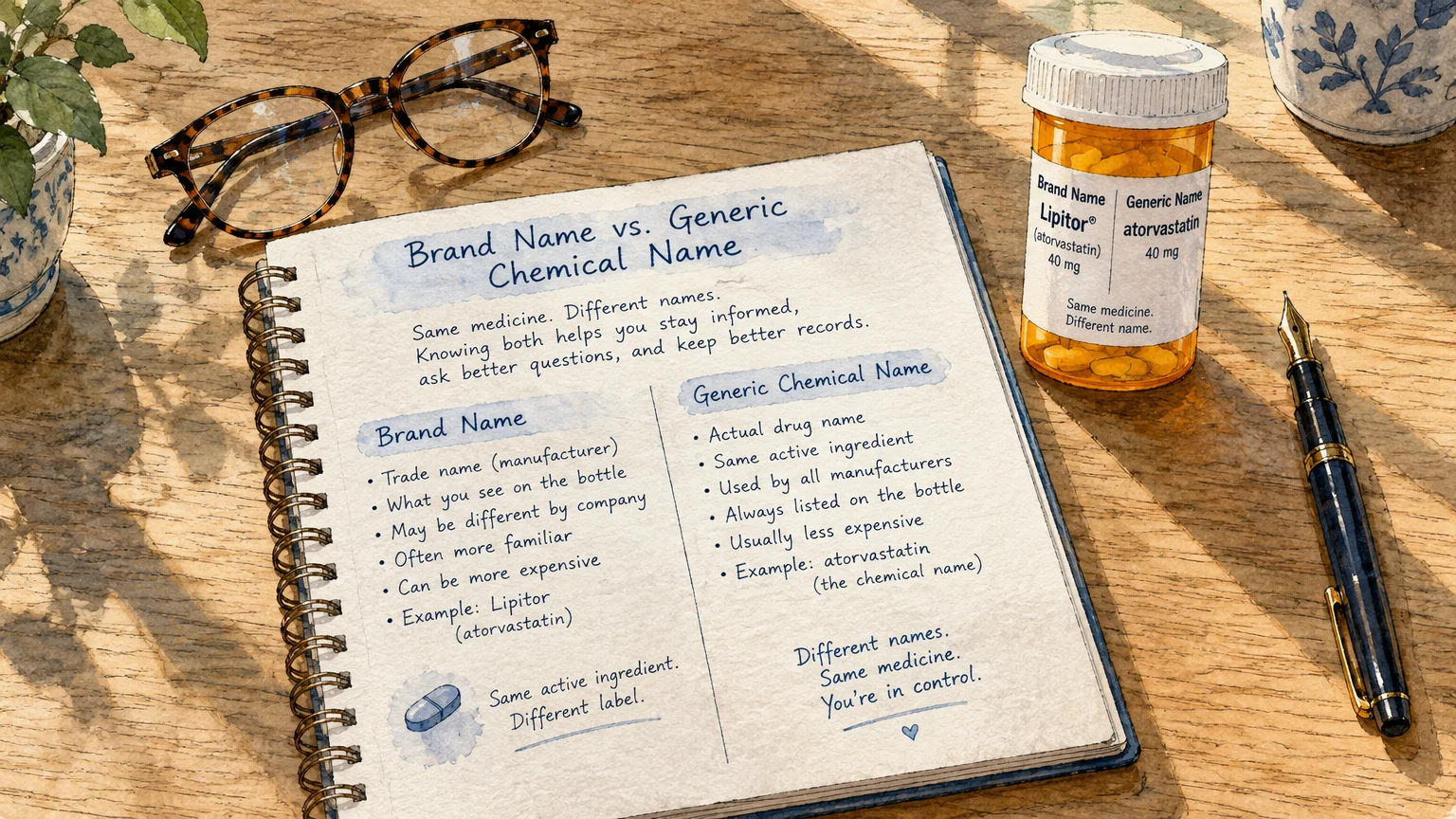 Notebook comparing brand and generic drug names beside a pill bottle, eyeglasses, and a fountain pen on a wooden desk.