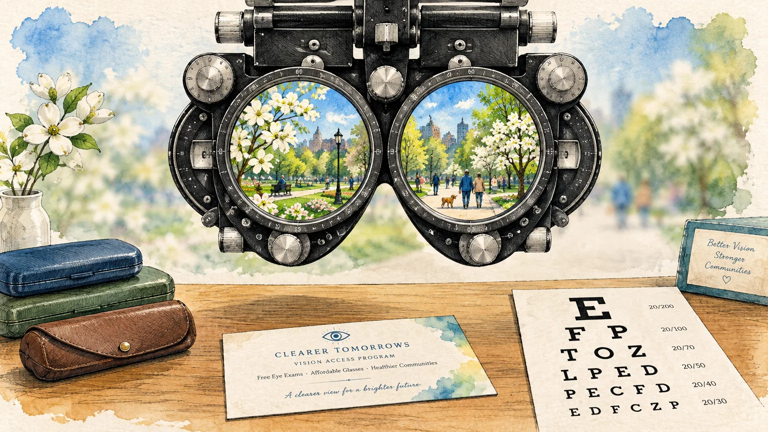 Phoropter looking out at a sunny park, set on a wooden desk beside eyeglass cases, a pamphlet, and an eye chart.