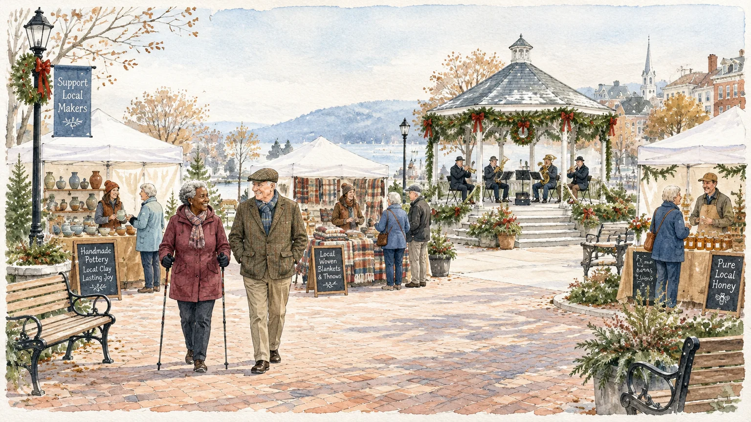 Watercolor illustration of older adults strolling past craft market stalls and a decorated gazebo bandstand in an outdoor plaza.
