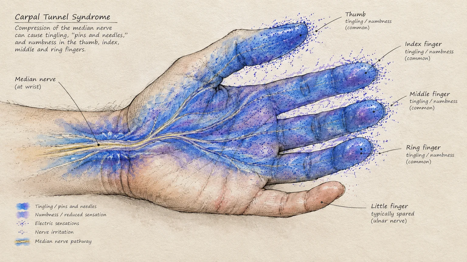 Medical diagram of carpal tunnel syndrome showing the median nerve pathway and blue shaded areas across the fingers.