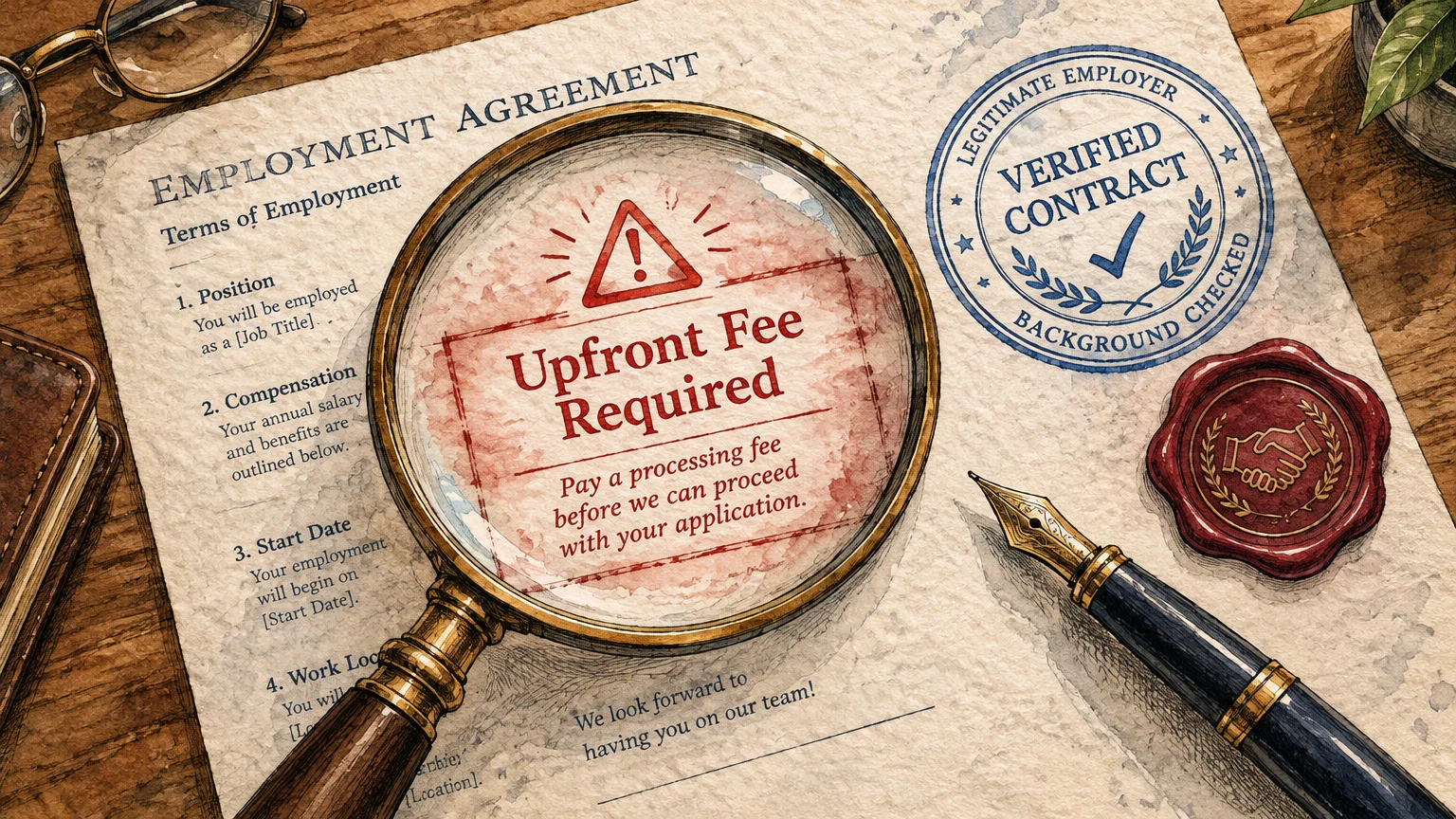Magnifying glass highlighting an upfront fee warning on an employment agreement alongside a fountain pen and wax seal.