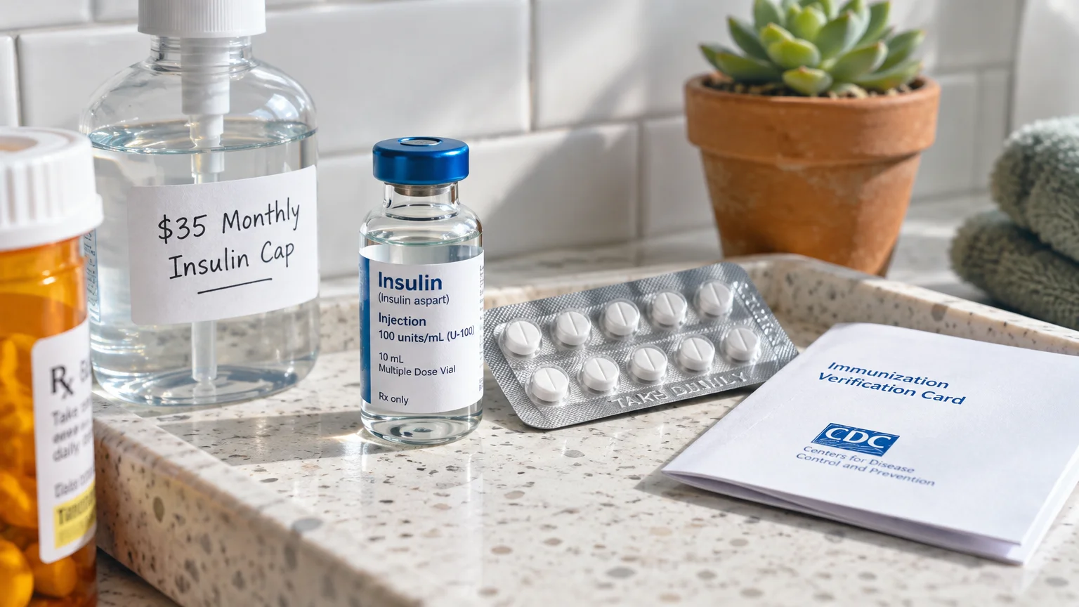 A tray with an insulin vial, pill blister pack, medication bottles, and a CDC immunization card.