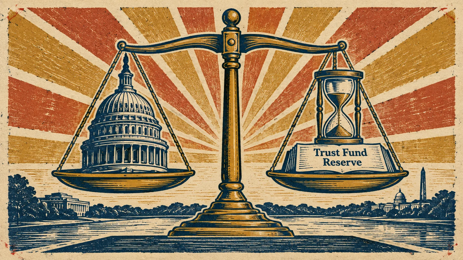 Illustration of balanced scales holding the US Capitol dome on one side and an hourglass with a trust fund book on the other.
