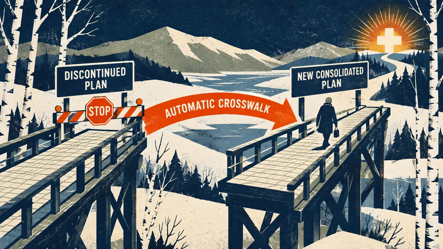 Illustration of an automatic crosswalk arrow bridging a person from a discontinued plan bridge to a new consolidated plan.
