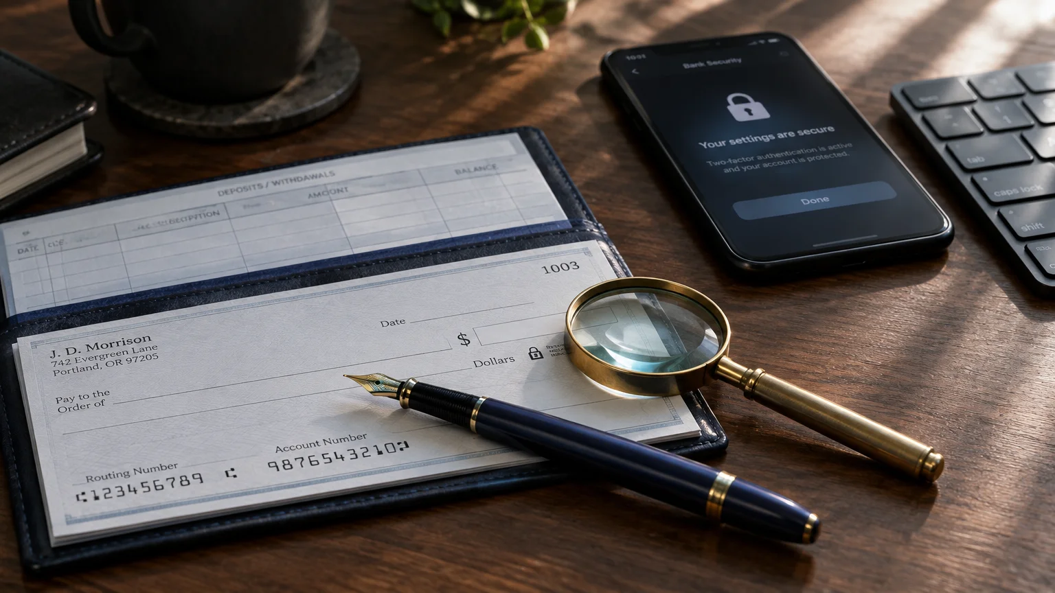A checkbook with a fountain pen and magnifying glass rests on a desk next to a smartphone showing a security lock screen.