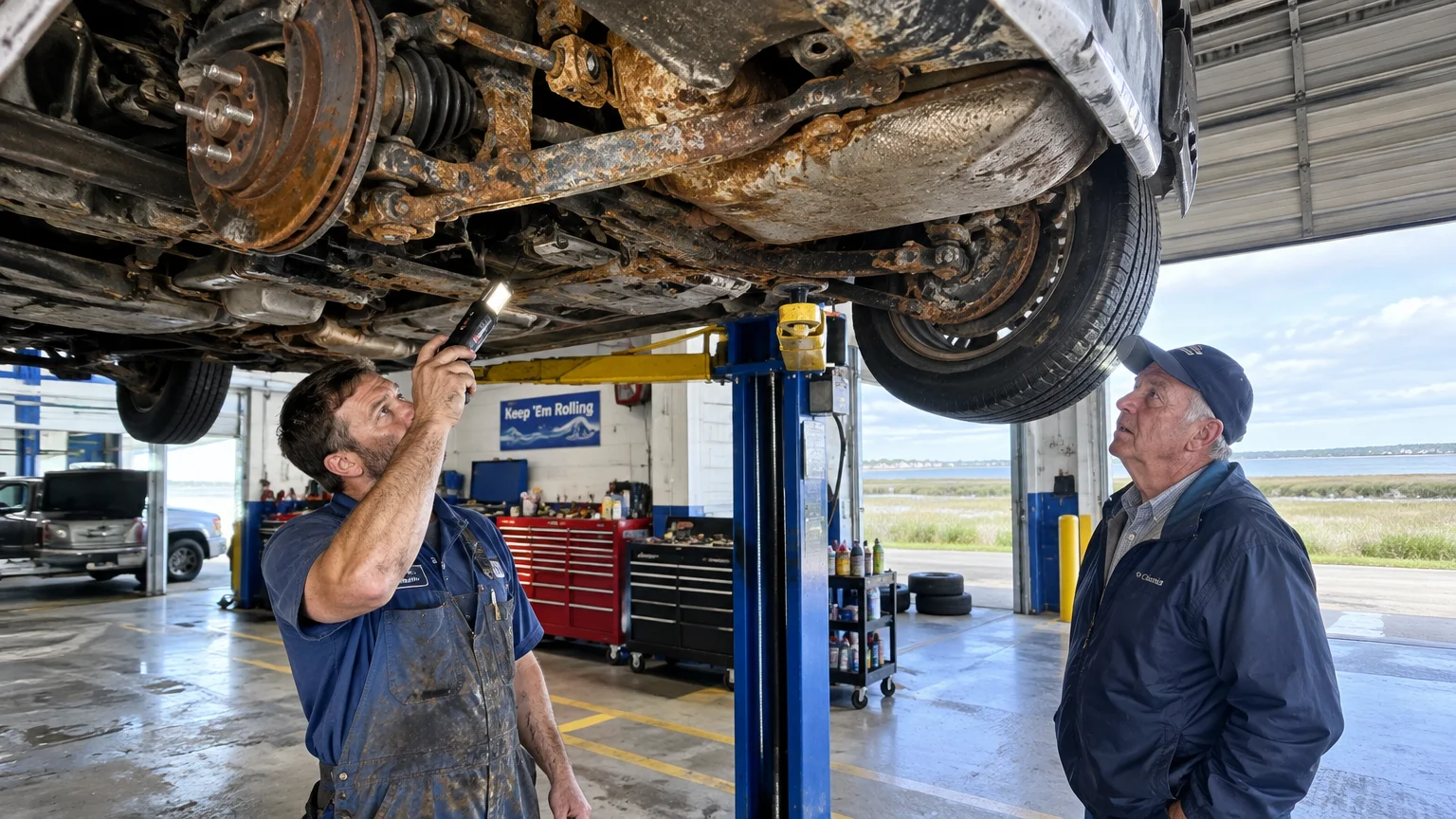 A mechanic and car owner inspect the heavily rusted undercarriage of a car raised on a hydraulic lift in a garage.
