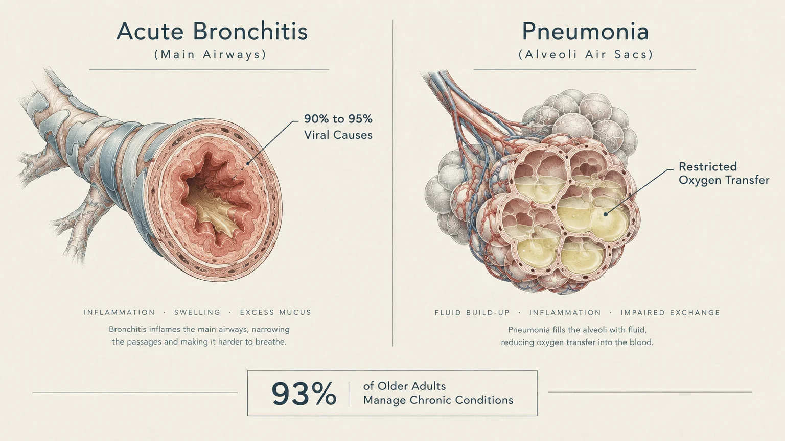 Medical diagram comparing an inflamed bronchial tube in acute bronchitis to fluid-filled alveoli air sacs in pneumonia.