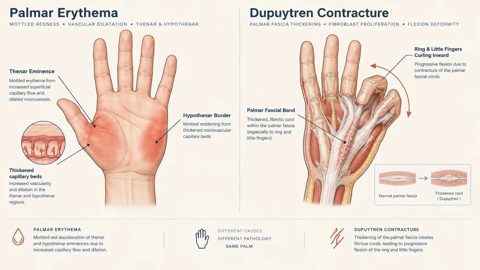 Medical diagram comparing palmar erythema redness on a palm beside Dupuytren contracture showing curling fingers.