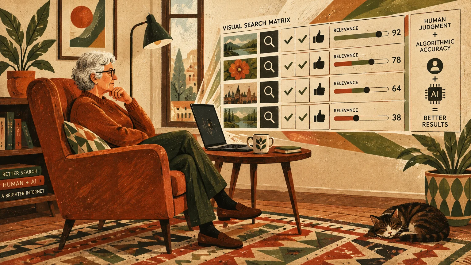 Woman in an armchair looking at an evaluation matrix projected from her laptop, with a sleeping cat on the rug.